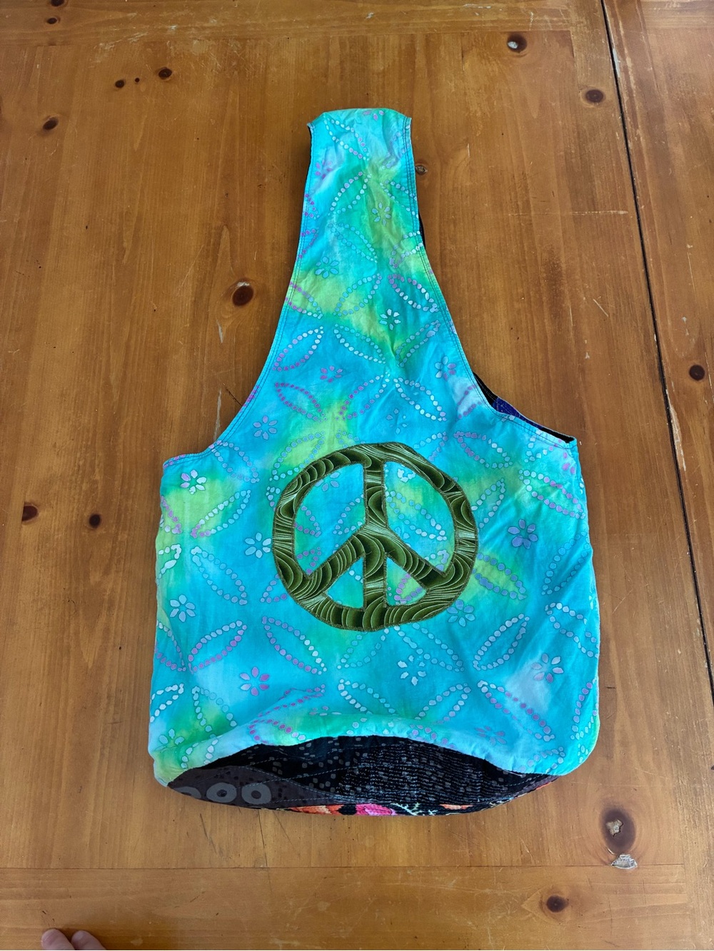 Handmade Boho Peace Sign Sling Reversible Bag Turquoise and Black